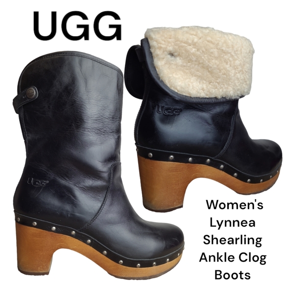 UGG Shoes - UGG Lynnea boot black leather & cream Shearling fold down Clog Boots women's 9